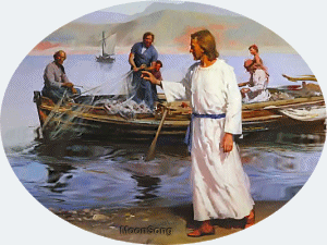 Pan Jezus na brzegu Genezaret z rybakami w tle